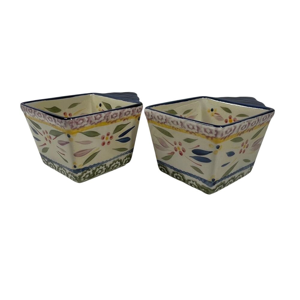 TEMPTATIONS by Tara Old World Ramekins 10oz Square Floral Blue Ovenware Set of 2